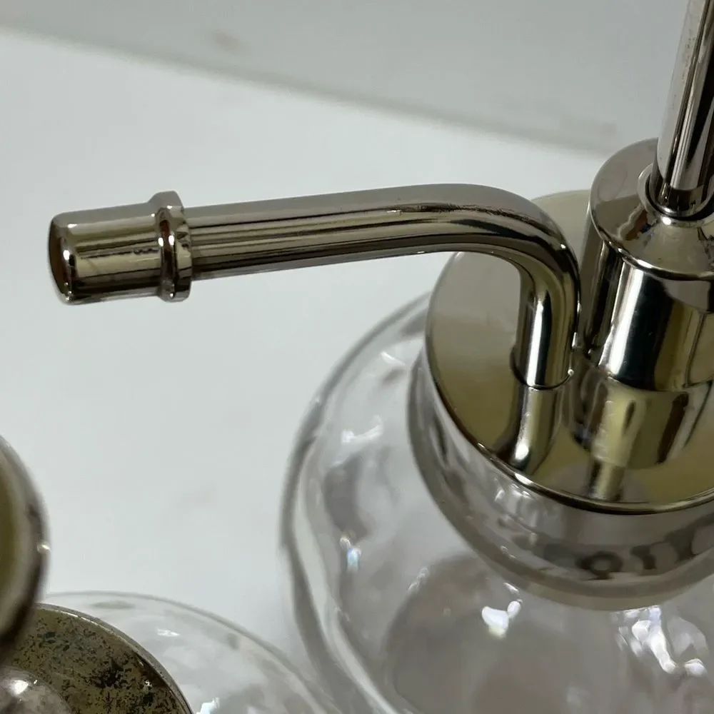 Two Elegant Clear Glass Oilcan Soap & Lotion Dispenser Set w/Chrome Accents